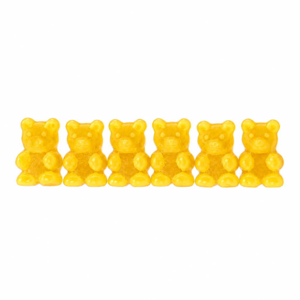Six oursons Orsettisana Ananas / Cocco jaunes alignés